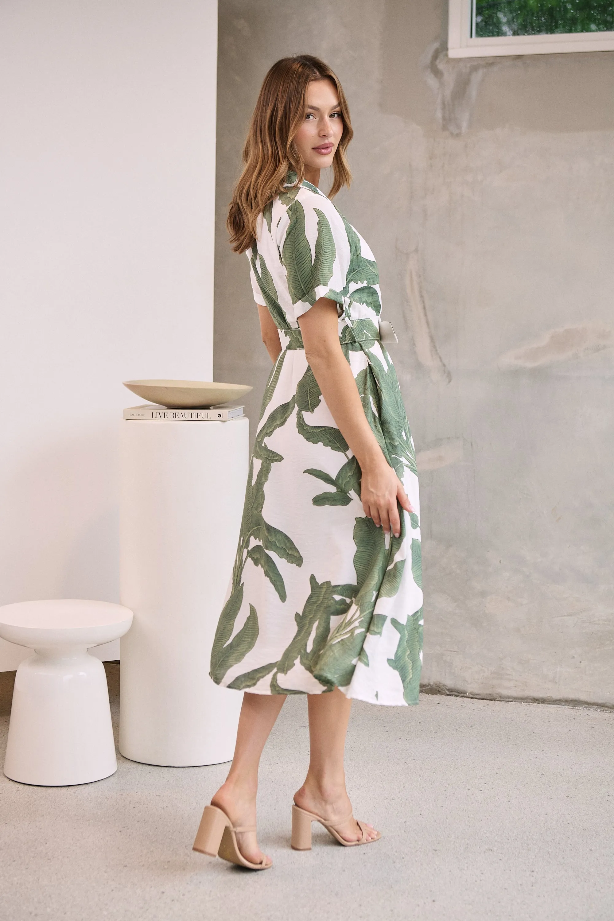 Gianna Leaf Green/White Palm Print Button Front Belted Midi Dress