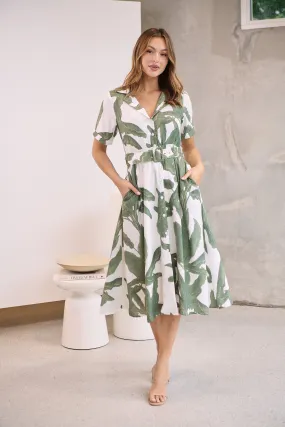 Gianna Leaf Green/White Palm Print Button Front Belted Midi Dress