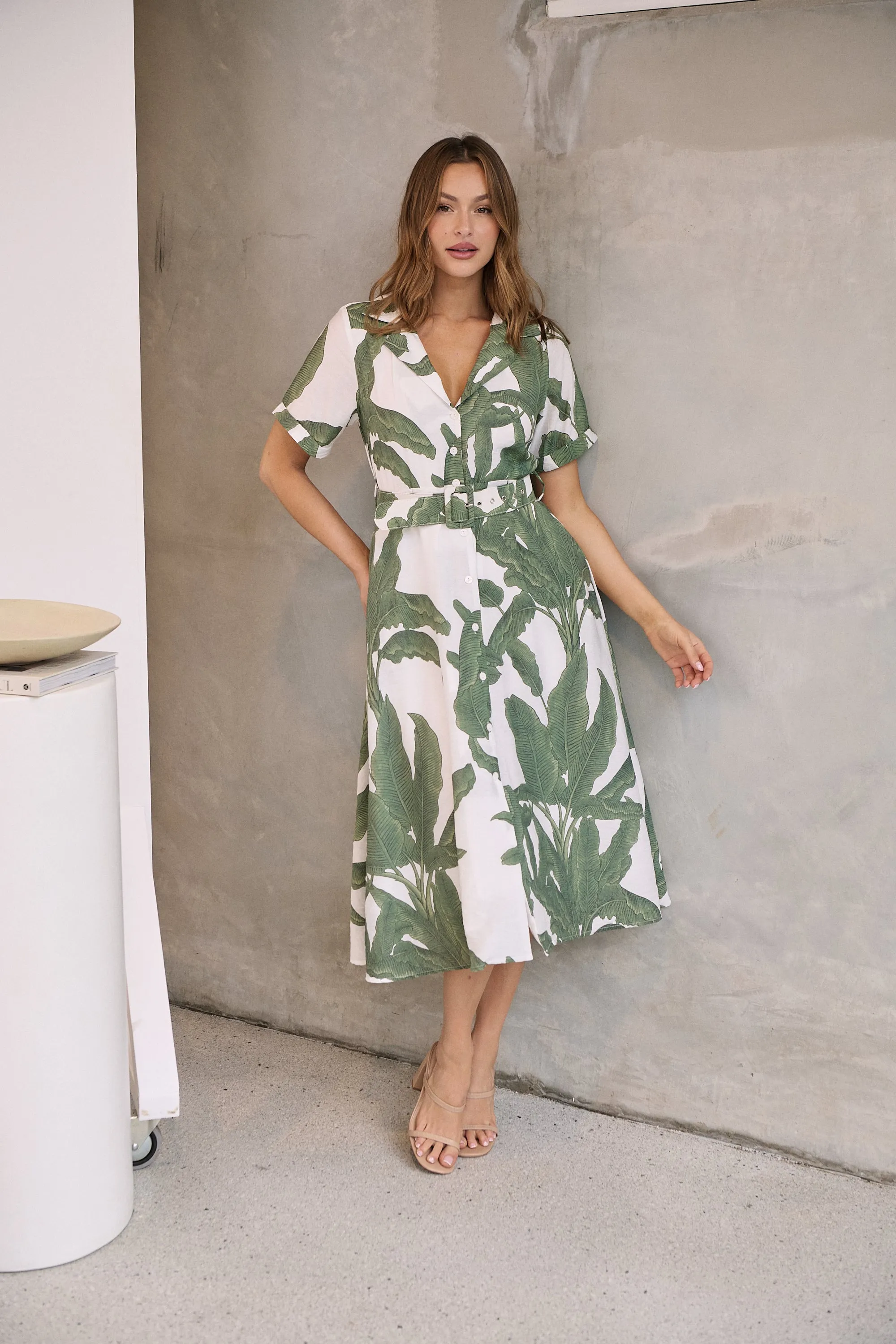 Gianna Leaf Green/White Palm Print Button Front Belted Midi Dress