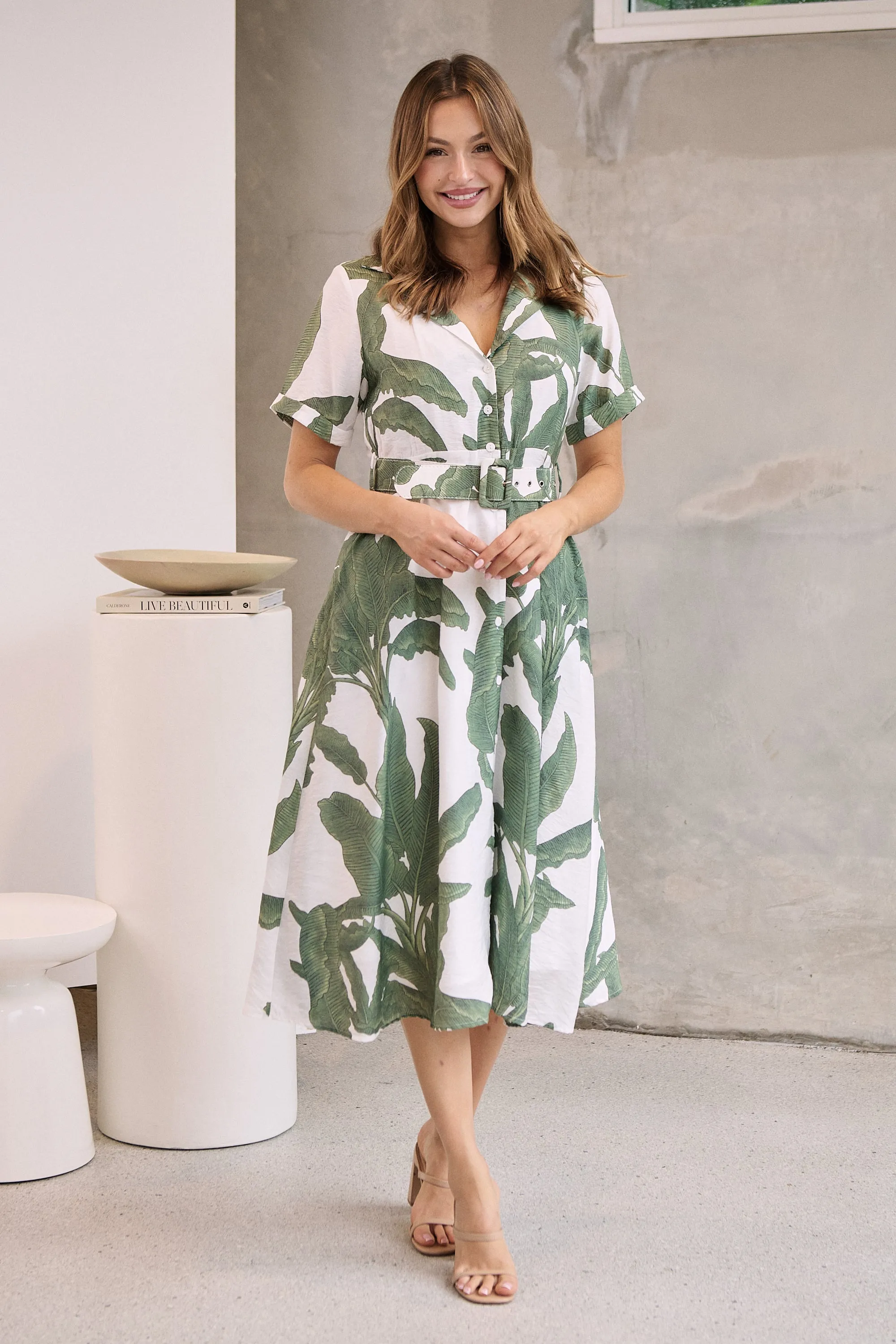 Gianna Leaf Green/White Palm Print Button Front Belted Midi Dress