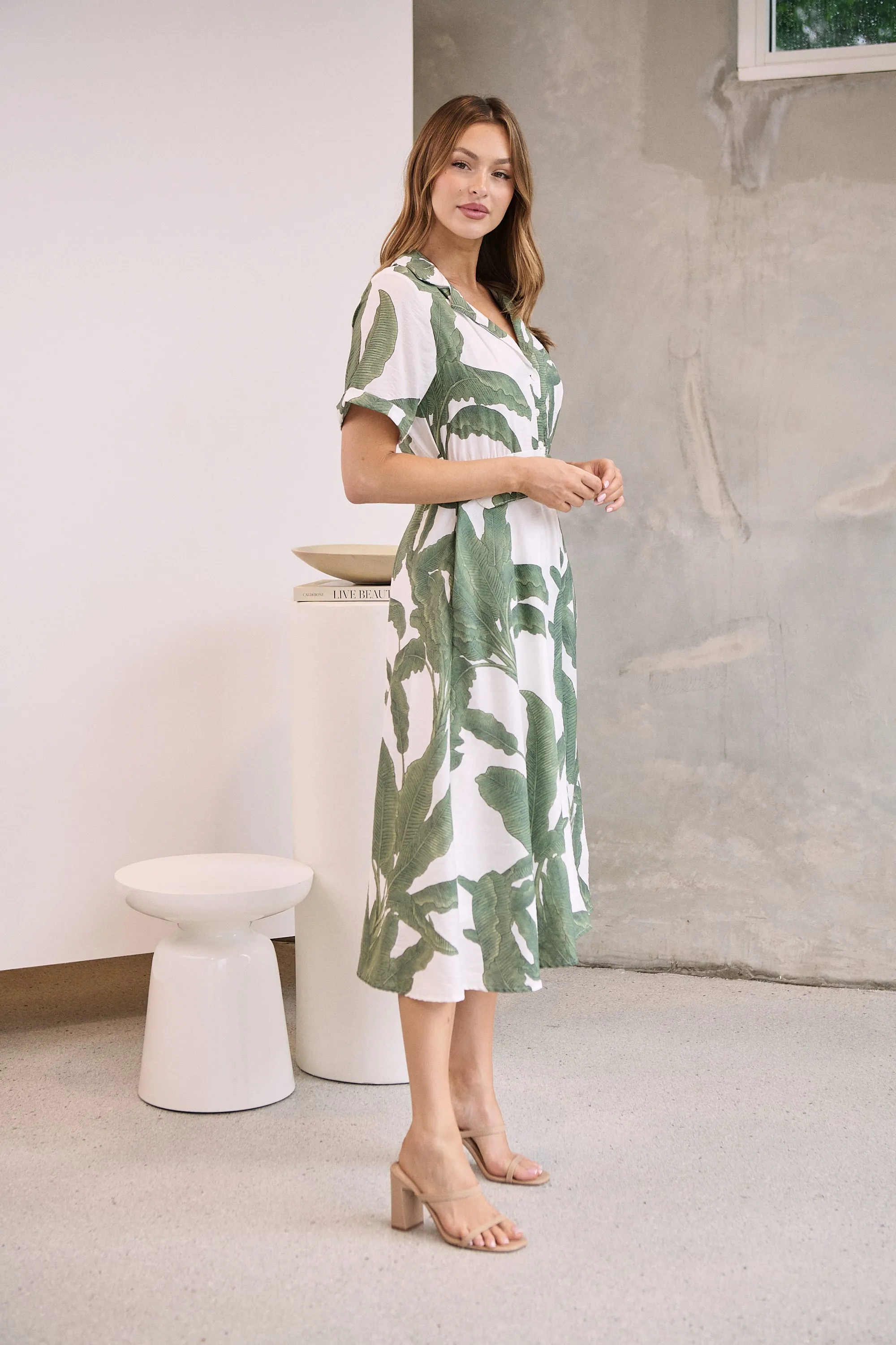 Gianna Leaf Green/White Palm Print Button Front Belted Midi Dress