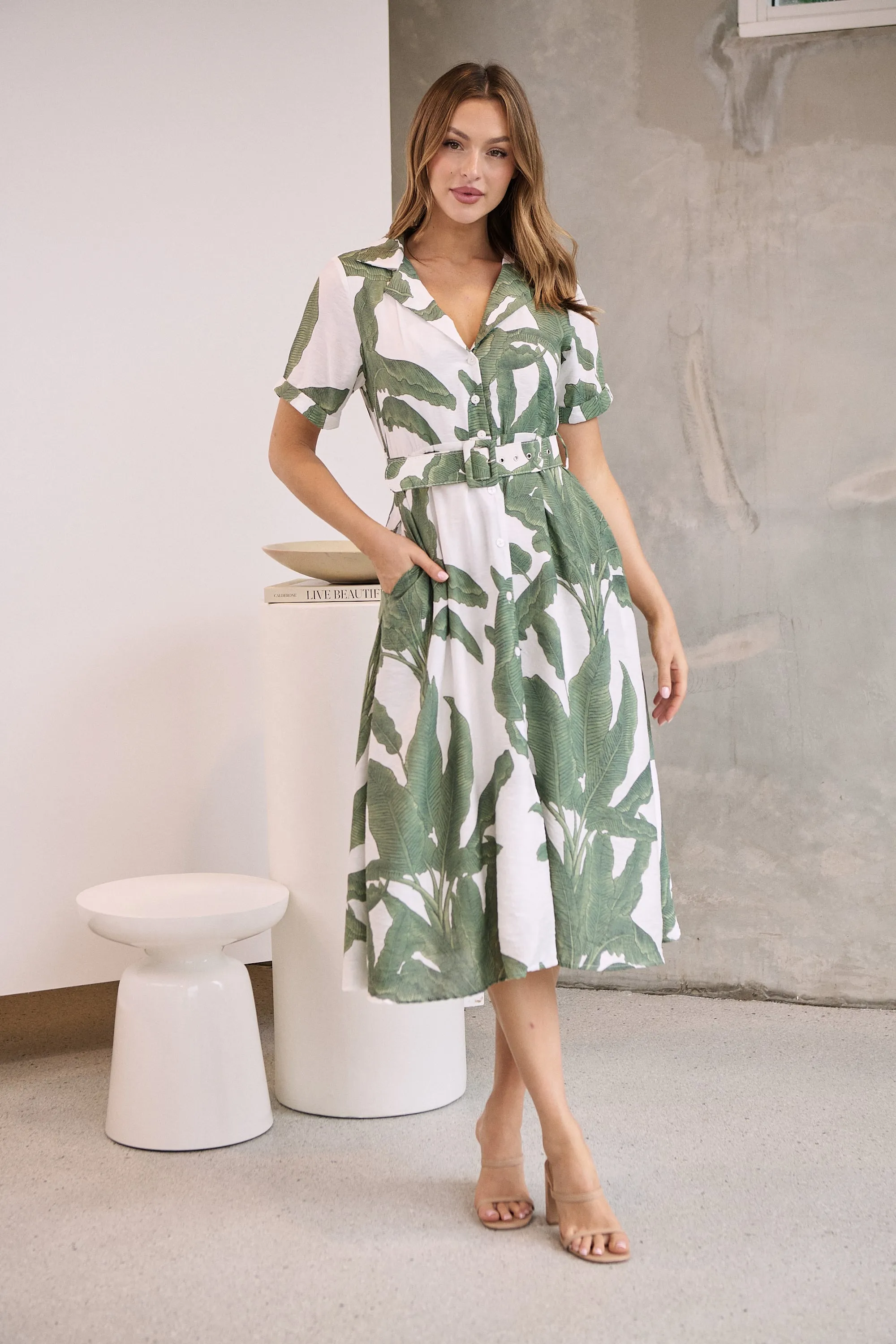 Gianna Leaf Green/White Palm Print Button Front Belted Midi Dress