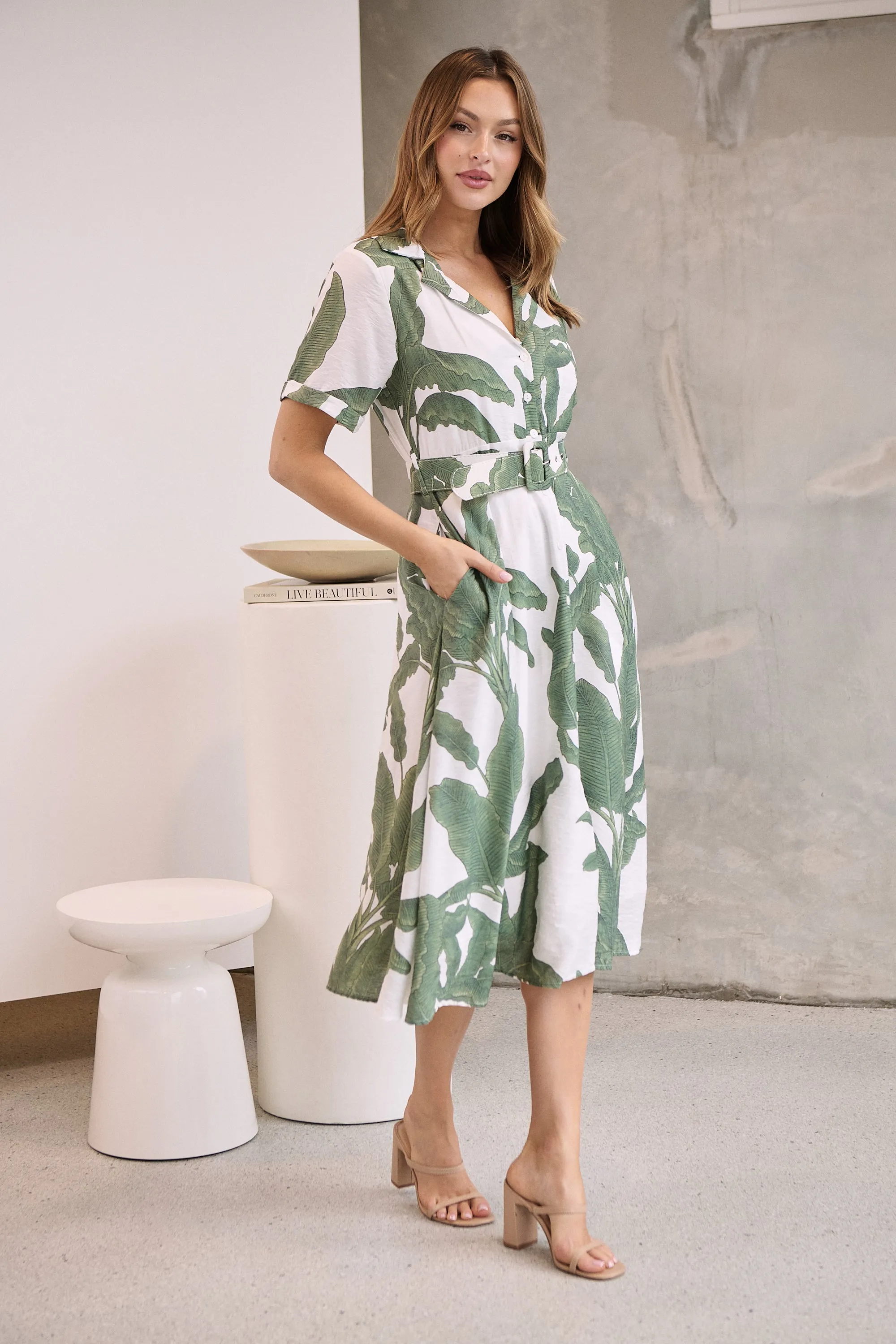 Gianna Leaf Green/White Palm Print Button Front Belted Midi Dress