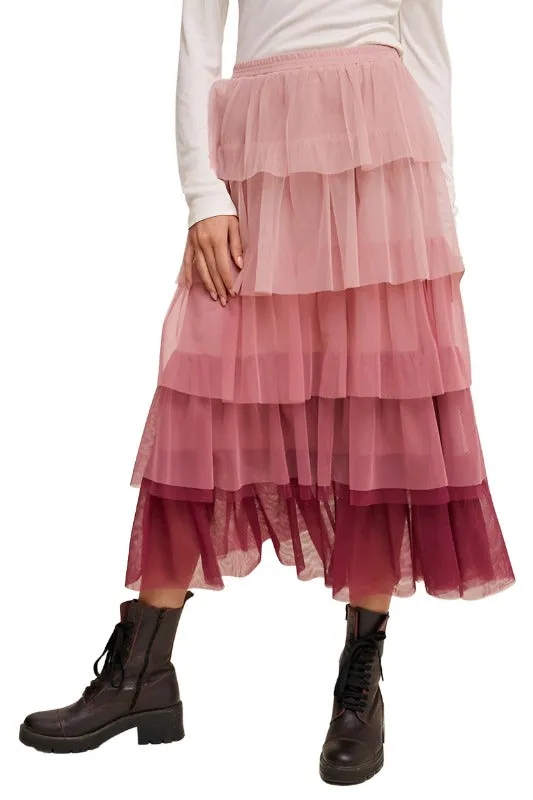 Gradient Style Tiered Mesh Maxi Skirt