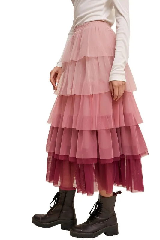 Gradient Style Tiered Mesh Maxi Skirt