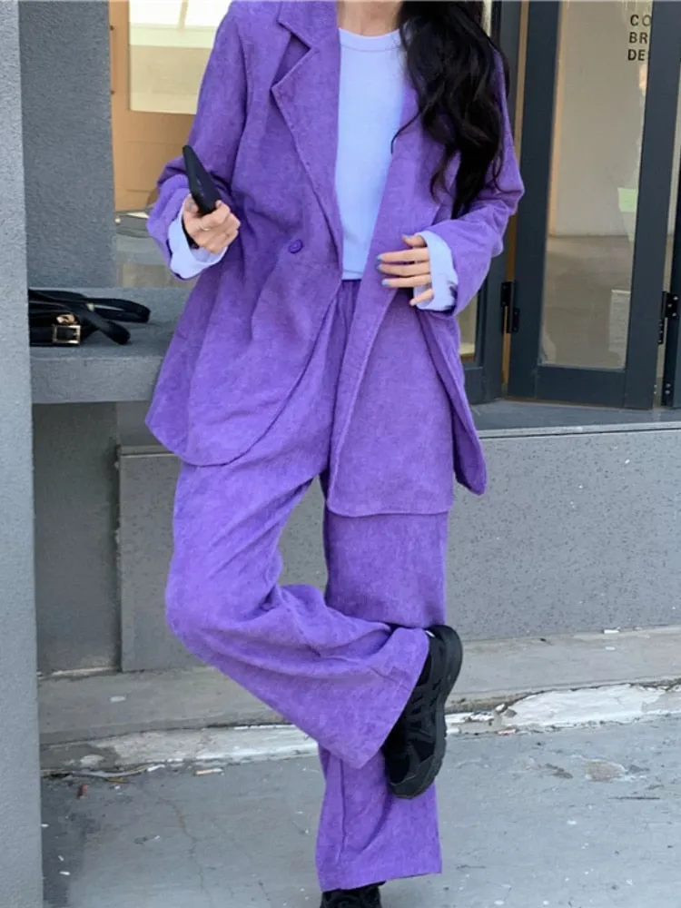 Graduation gift Autumn Purple Corduroy Women's Blazer Pantsuit Ladies Casual Jacket Wide Leg Pants Two-Piece Sets Female Business Trousers Suit