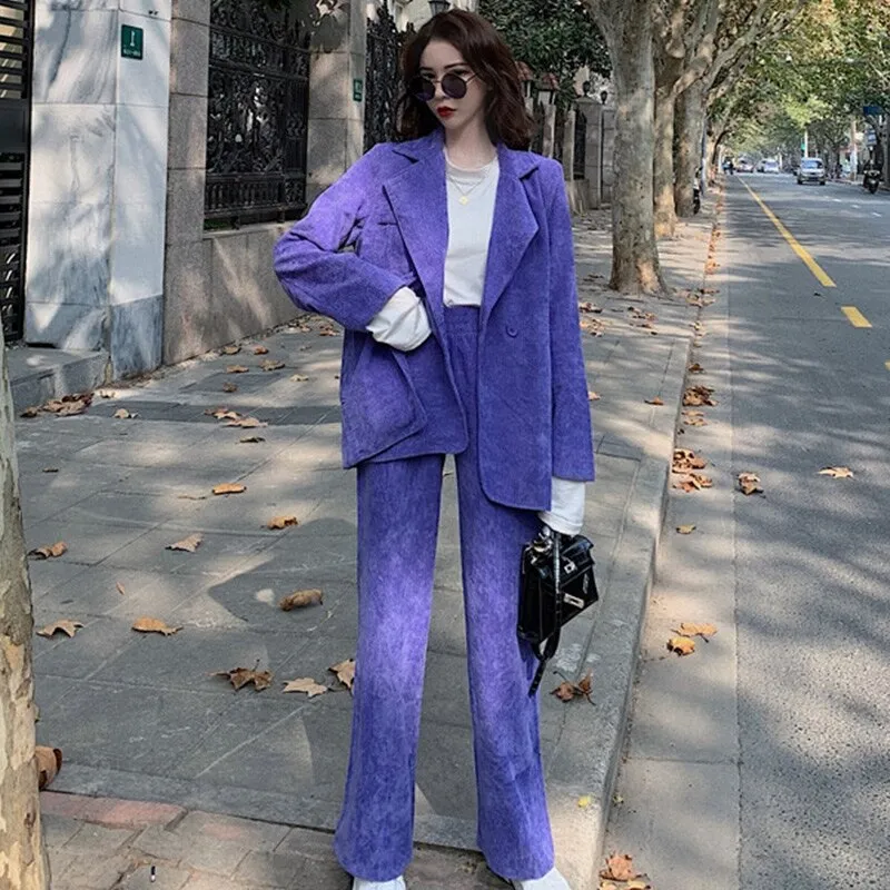 Graduation gift Autumn Purple Corduroy Women's Blazer Pantsuit Ladies Casual Jacket Wide Leg Pants Two-Piece Sets Female Business Trousers Suit