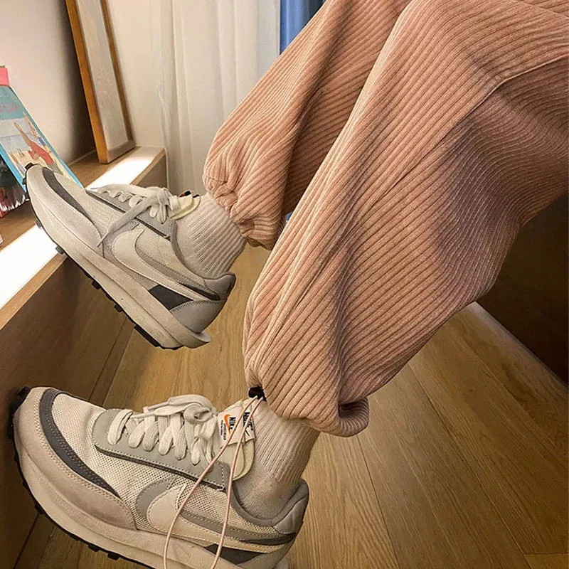 Ilooove Men Corduroy Pants Spring Adjustable Straight Loose Trousers Couples Solid Drawstring Casual Pantalones Male Students Daily Chic