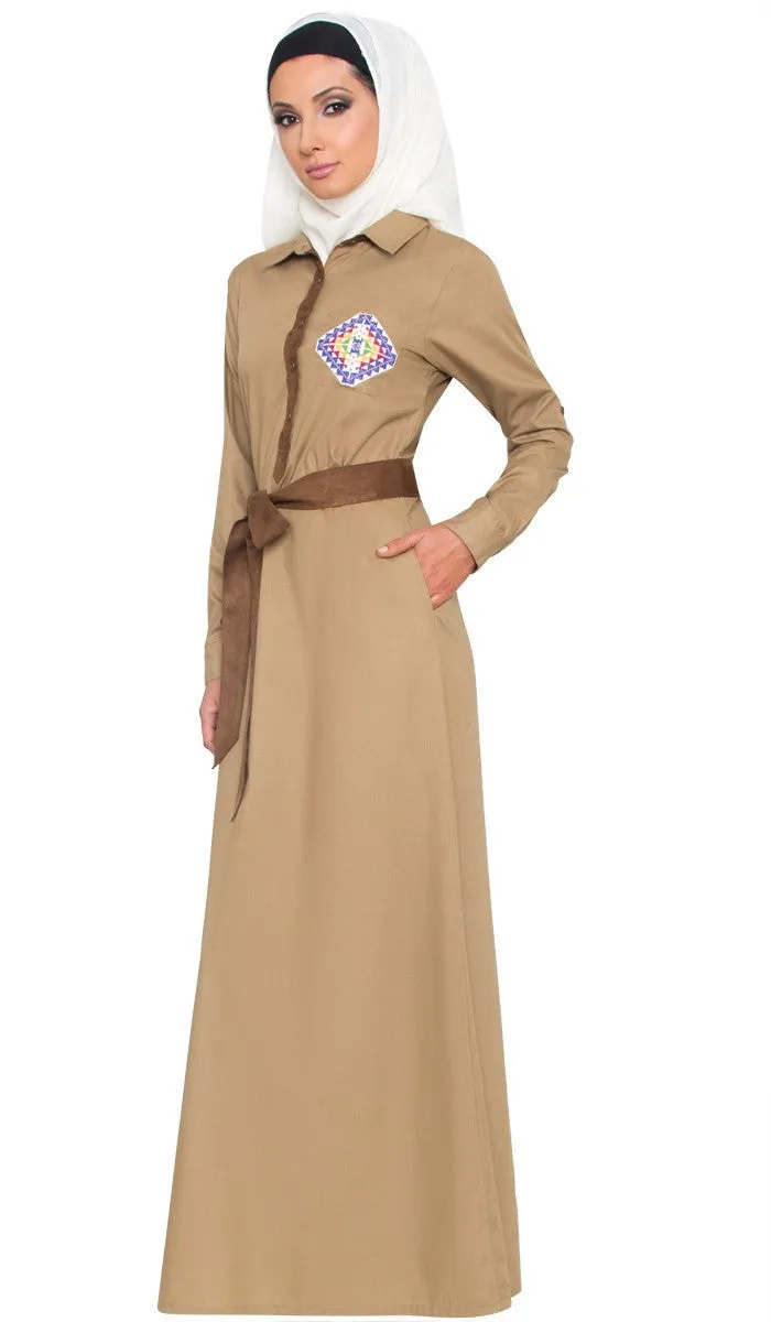 Imara Hand Embroidered Mostly Cotton Long Maxi Dress Abaya - Khaki - FINAL SALE