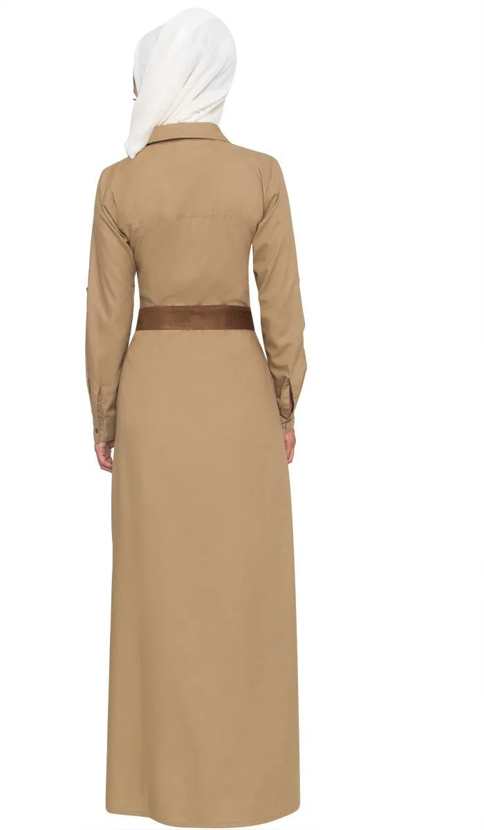 Imara Hand Embroidered Mostly Cotton Long Maxi Dress Abaya - Khaki - FINAL SALE