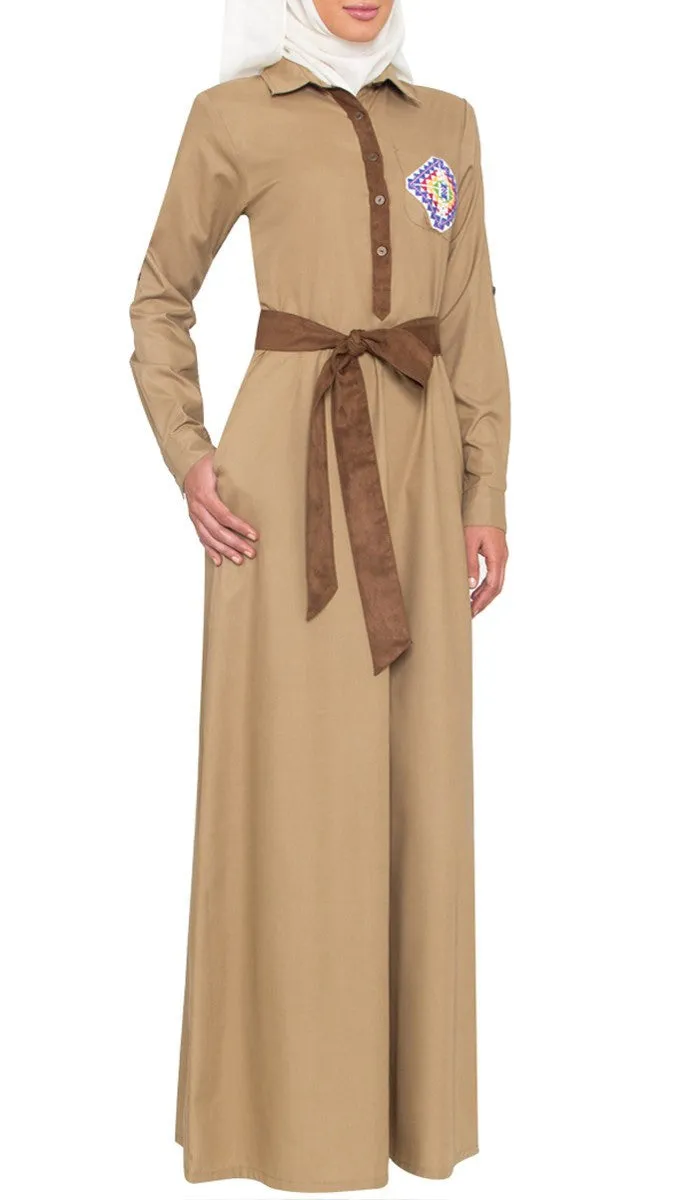 Imara Hand Embroidered Mostly Cotton Long Maxi Dress Abaya - Khaki - FINAL SALE