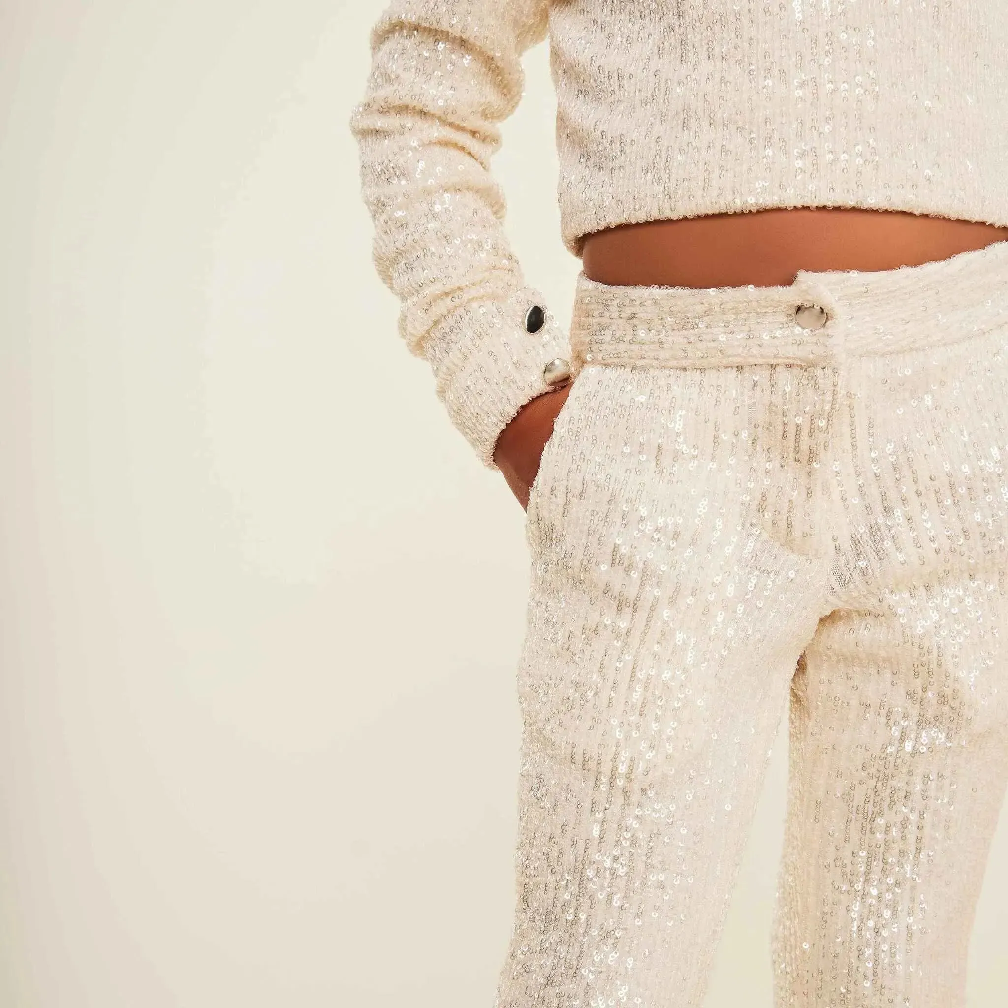 Jersey Sequin Pants with Button Detail