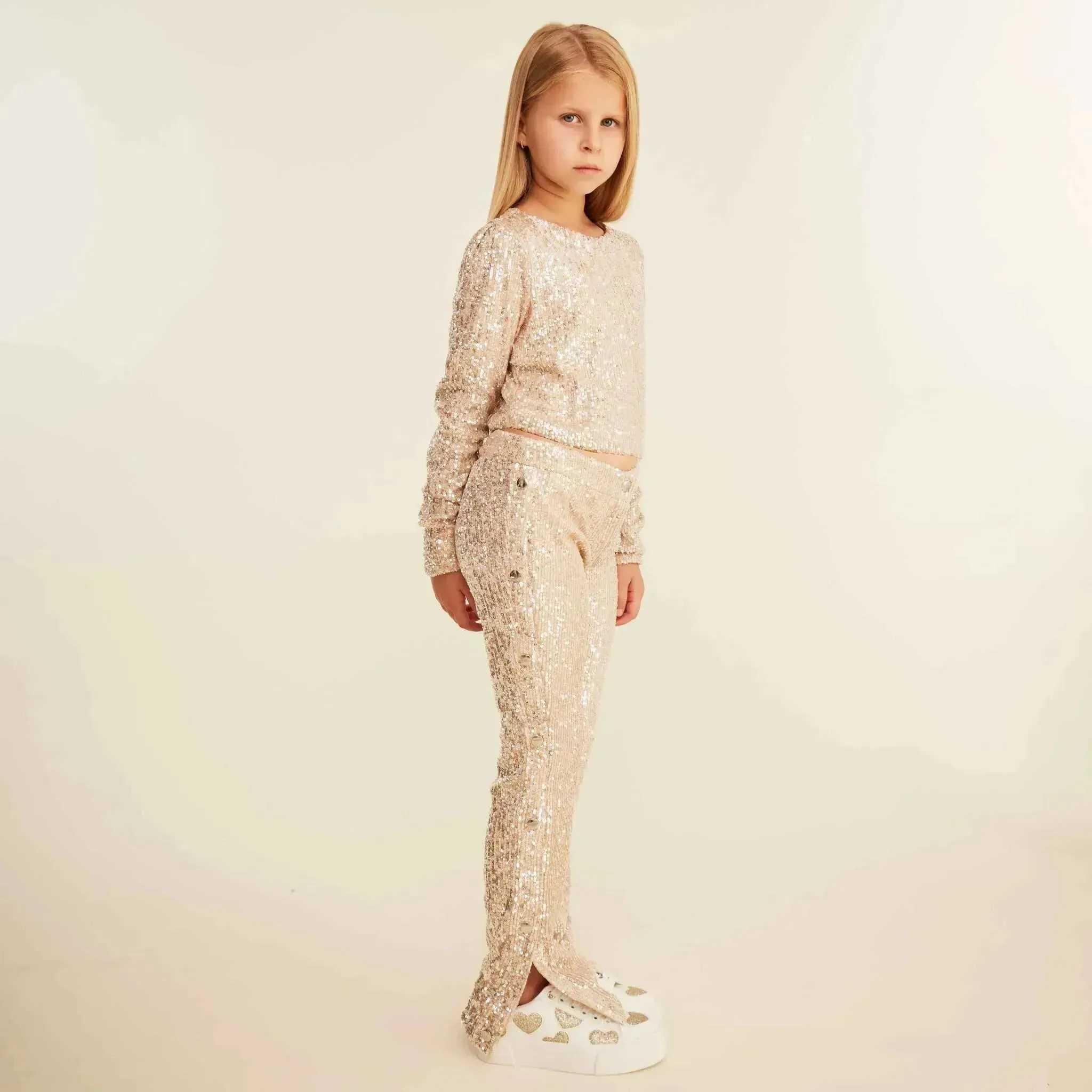 Jersey Sequin Pants with Button Detail