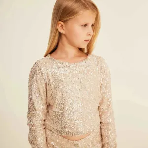 Jersey Sequin Top with Ruffled Sleeves and Button Detail