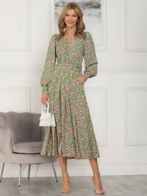 Jolie Moi Allyn Long Sleeved Maxi Dress, Green Animal