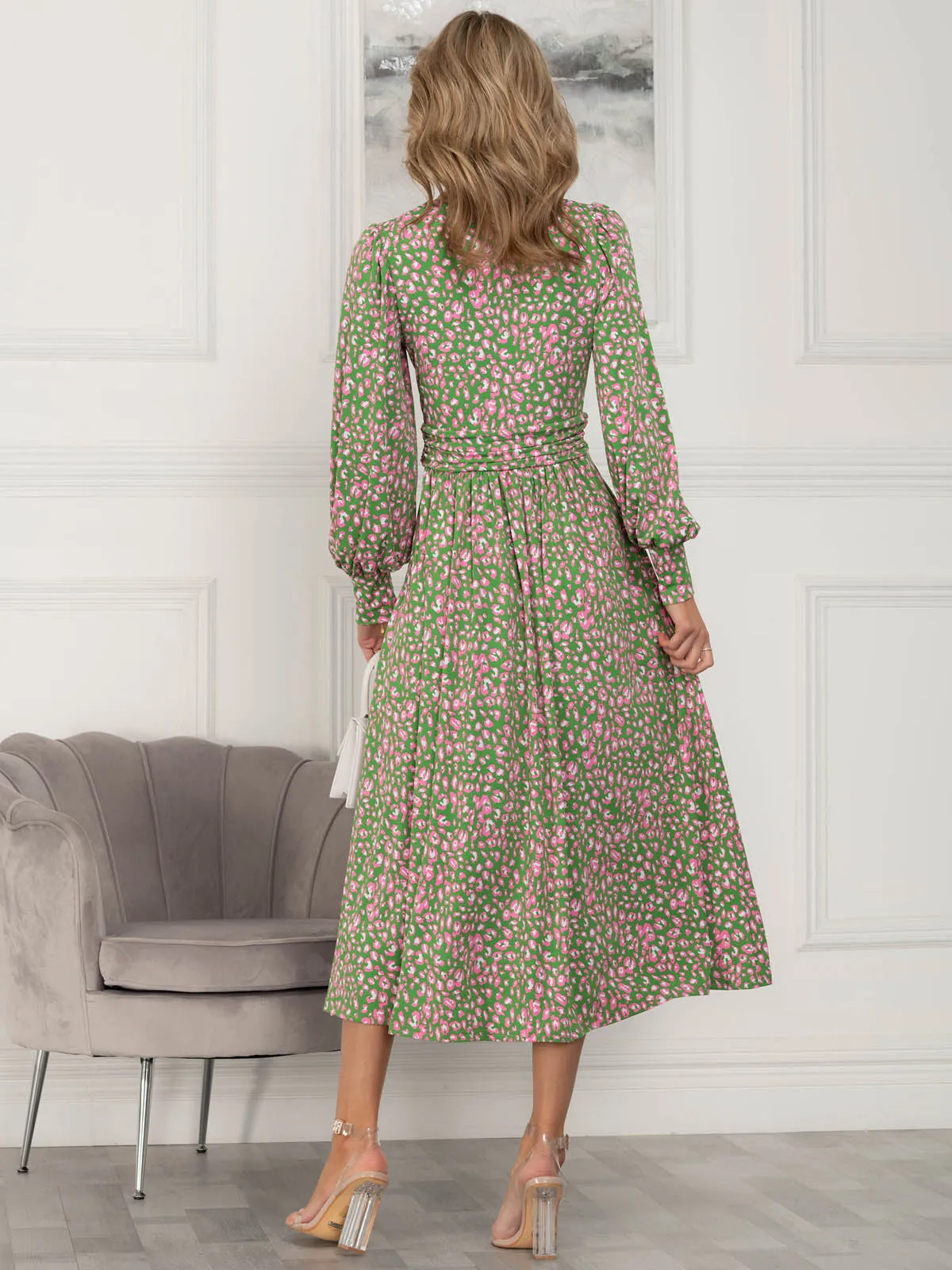 Jolie Moi Allyn Long Sleeved Maxi Dress, Green Animal