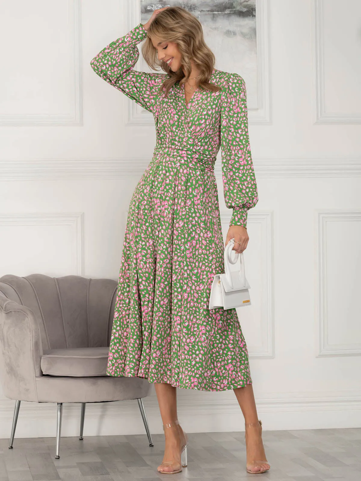 Jolie Moi Allyn Long Sleeved Maxi Dress, Green Animal