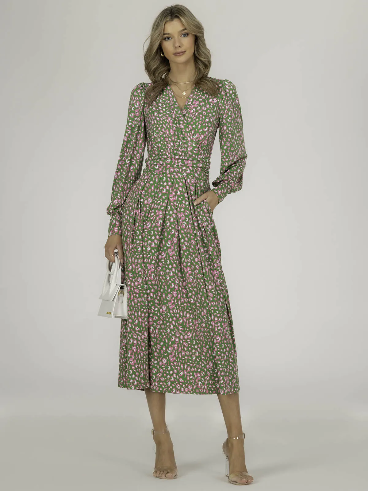 Jolie Moi Allyn Long Sleeved Maxi Dress, Green Animal