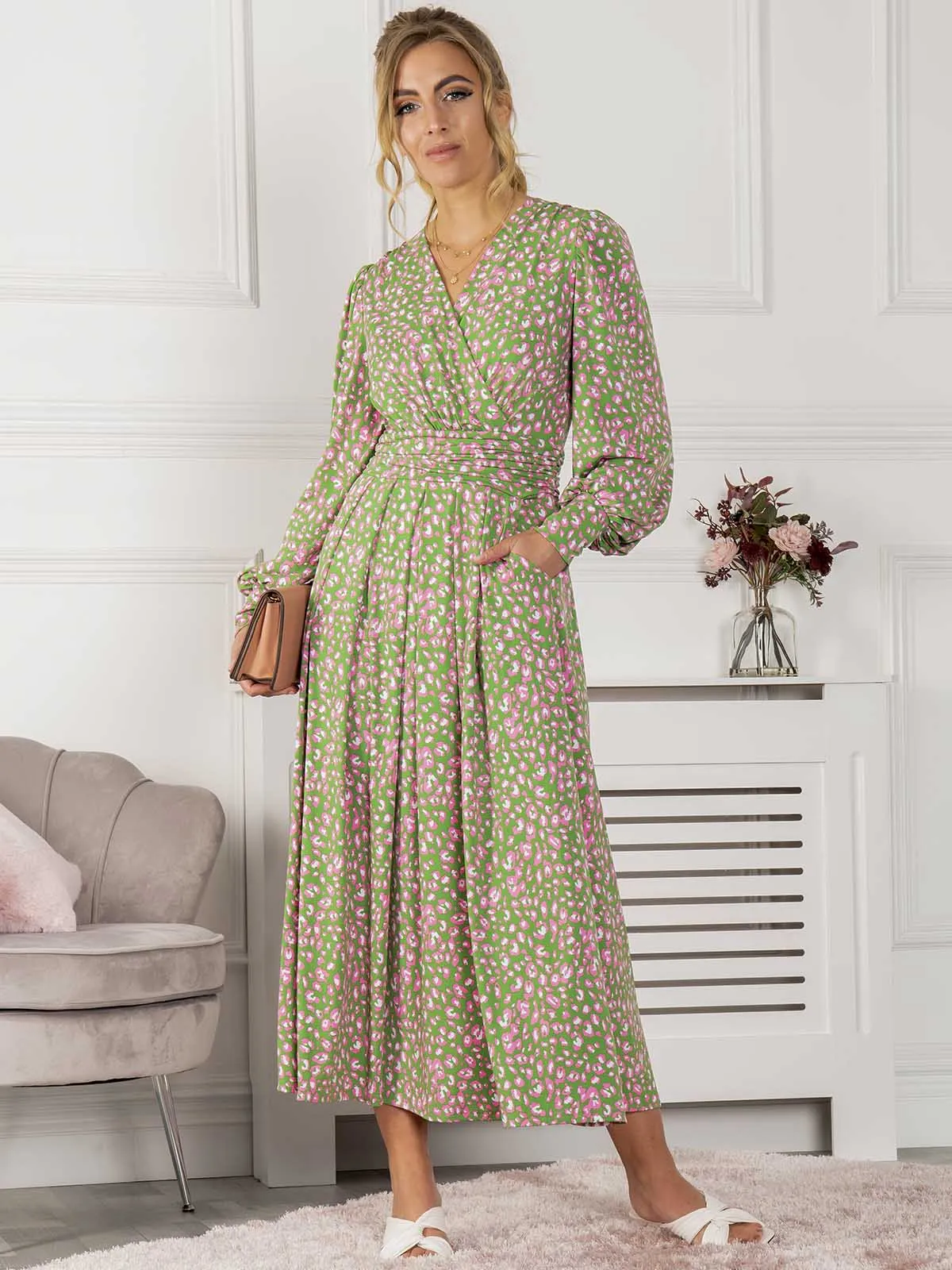 Jolie Moi Allyn Long Sleeved Maxi Dress, Green Animal