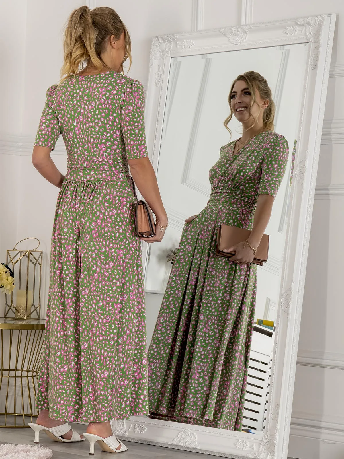 Jolie Moi Kendall Wrap Front Maxi Dress, Green Animal