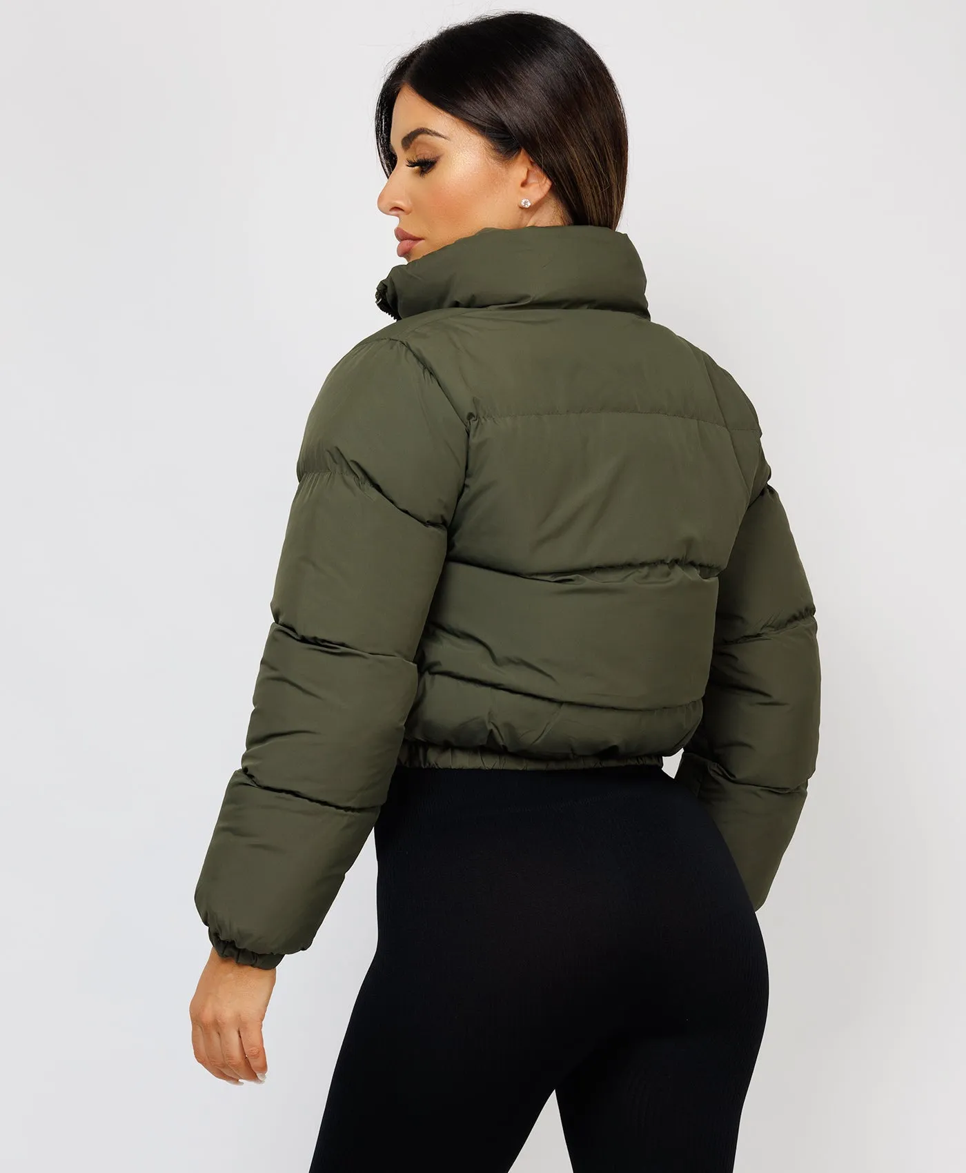 Khaki Solid Front Zipper Cropped Padded Puffer Jacket