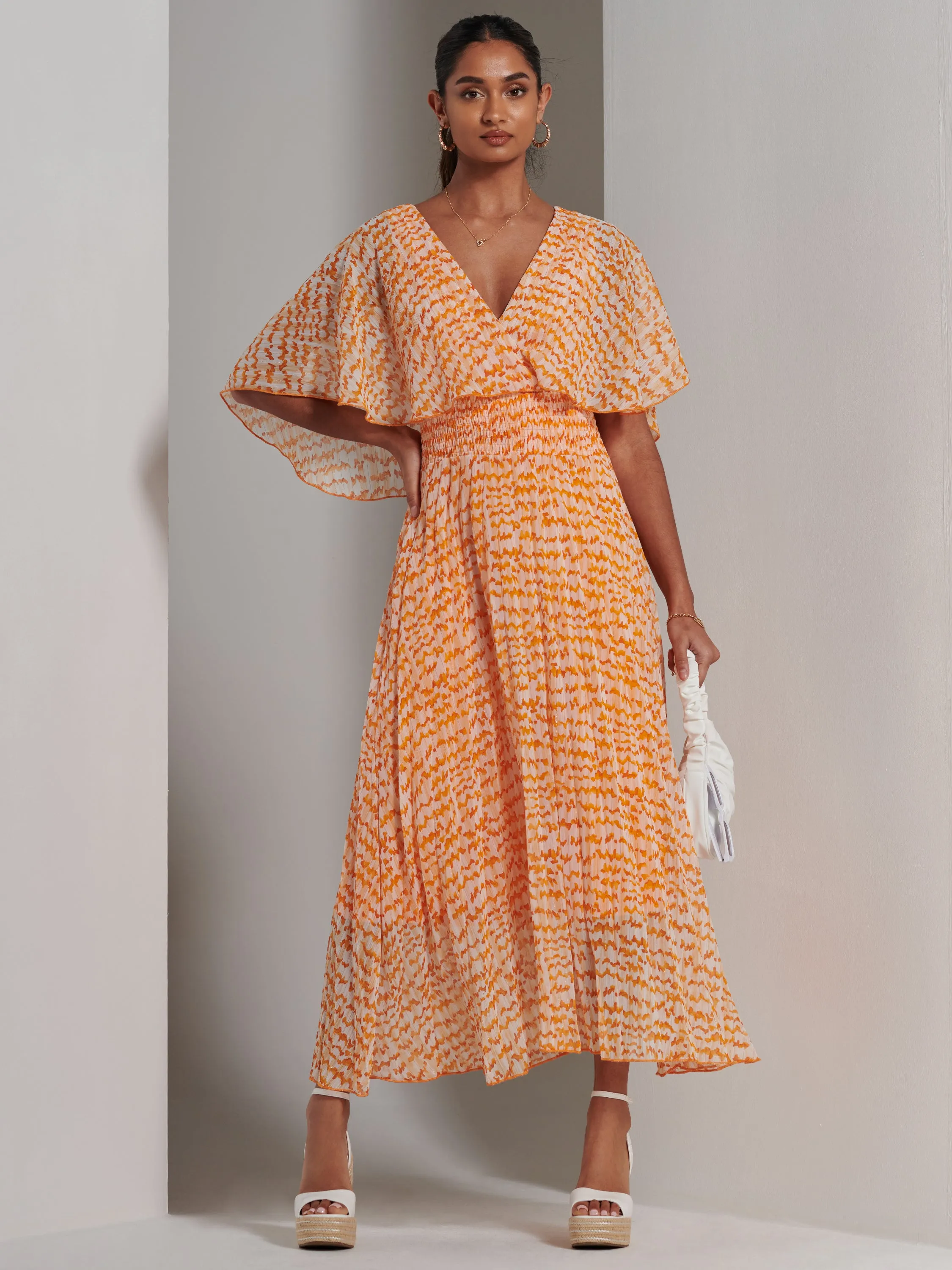 Kyra Pleated Chiffon Maxi Dress, Orange Abstract