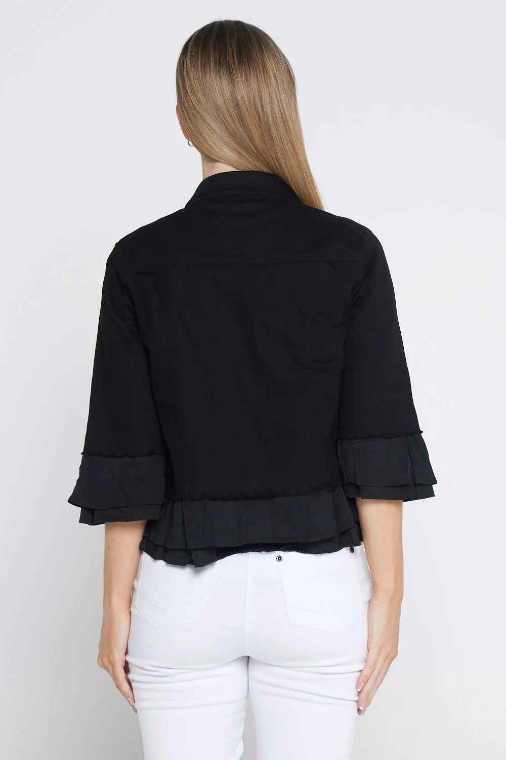 Leelah Cropped Ruffle Denim Jacket - Black