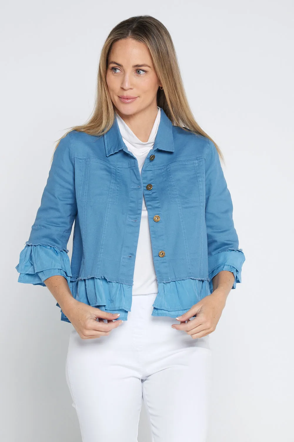 Leelah Cropped Ruffle Denim Jacket - Blue