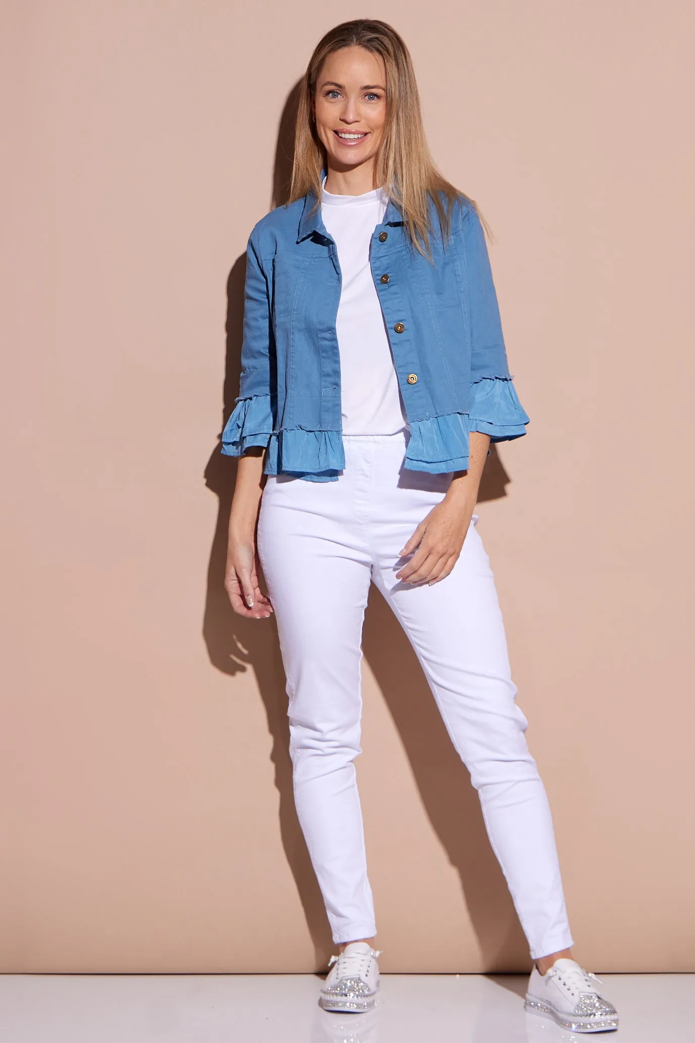 Leelah Cropped Ruffle Denim Jacket - Blue