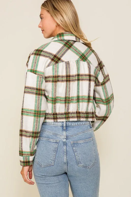 Long Sleeve Plaid Print Cropped Jacket