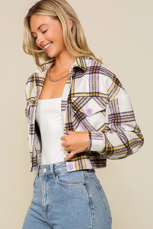 Long Sleeve Plaid Print Cropped Jacket