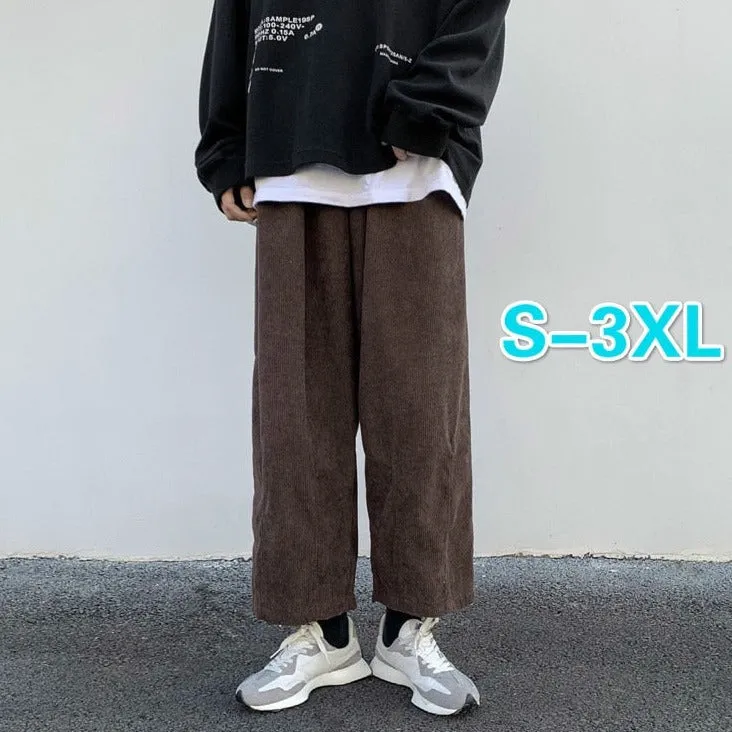 Men Casual Pants Plus Size 3XL Solid Corduroy Straight Trousers Male Loose Ins Chic Elastic Waist Trendy Korean Style Streetwear