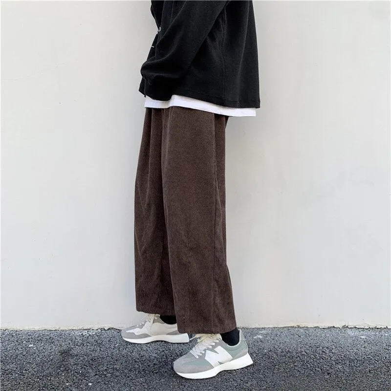 Men Casual Pants Plus Size 3XL Solid Corduroy Straight Trousers Male Loose Ins Chic Elastic Waist Trendy Korean Style Streetwear