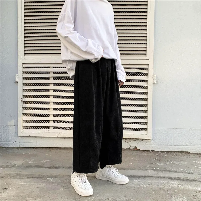 Men Casual Pants Plus Size 3XL Solid Corduroy Straight Trousers Male Loose Ins Chic Elastic Waist Trendy Korean Style Streetwear