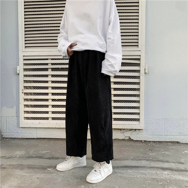 Men Casual Pants Plus Size 3XL Solid Corduroy Straight Trousers Male Loose Ins Chic Elastic Waist Trendy Korean Style Streetwear