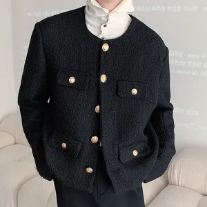 Men Retro Casual Simple Round Neck Single Breasted Cropped Jacket