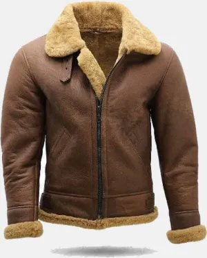 Men's Brown B3 Shearling Sheepskin WW2 Bomber Leather Flying Aviator Jacket