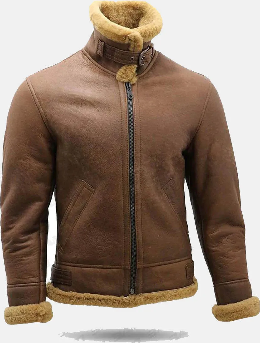 Men's Brown B3 Shearling Sheepskin WW2 Bomber Leather Flying Aviator Jacket