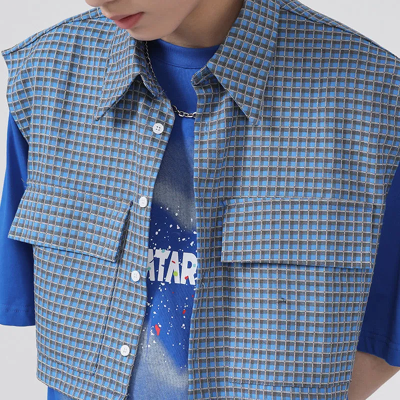 Mens Plaid Vest Classic Cropped Collar Sleeveless Jacket