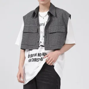 Mens Plaid Vest Classic Cropped Collar Sleeveless Jacket