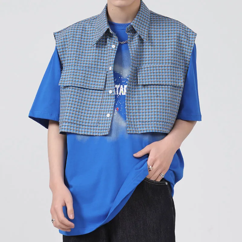 Mens Plaid Vest Classic Cropped Collar Sleeveless Jacket