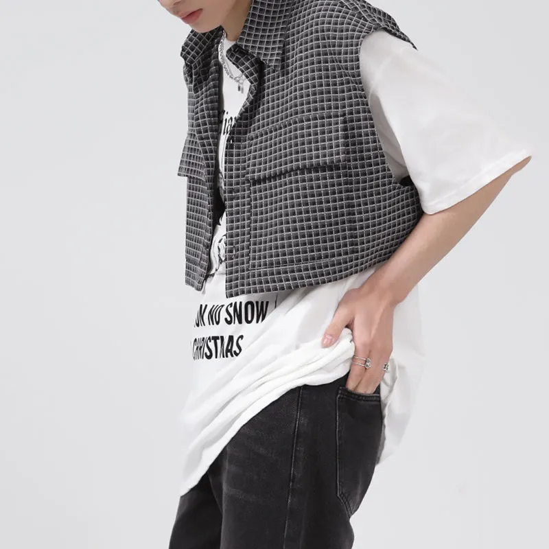 Mens Plaid Vest Classic Cropped Collar Sleeveless Jacket