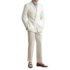 Men’s Seersucker White 2 Piece Suit Half-lined Double-breasted Jacket Size M, L, XL, 2XL, 3XL