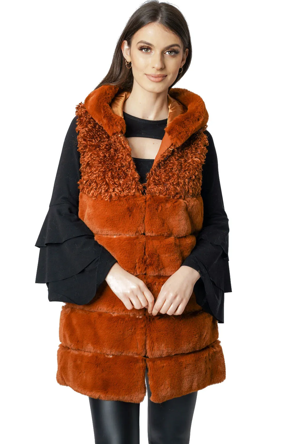 Mixed Fur Hooded Long Gilet