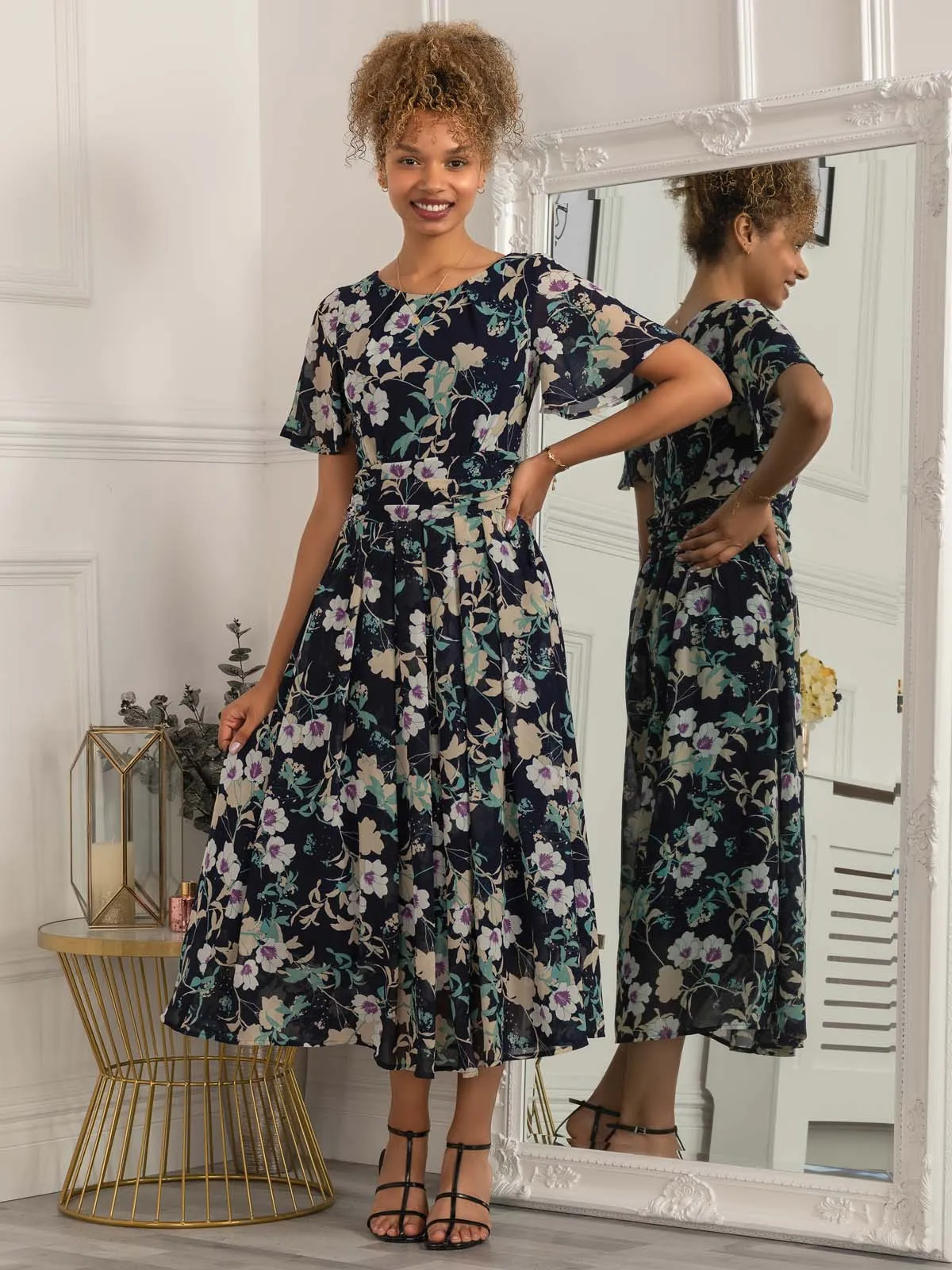 Nadine Floral Print Chiffon Dress, Navy