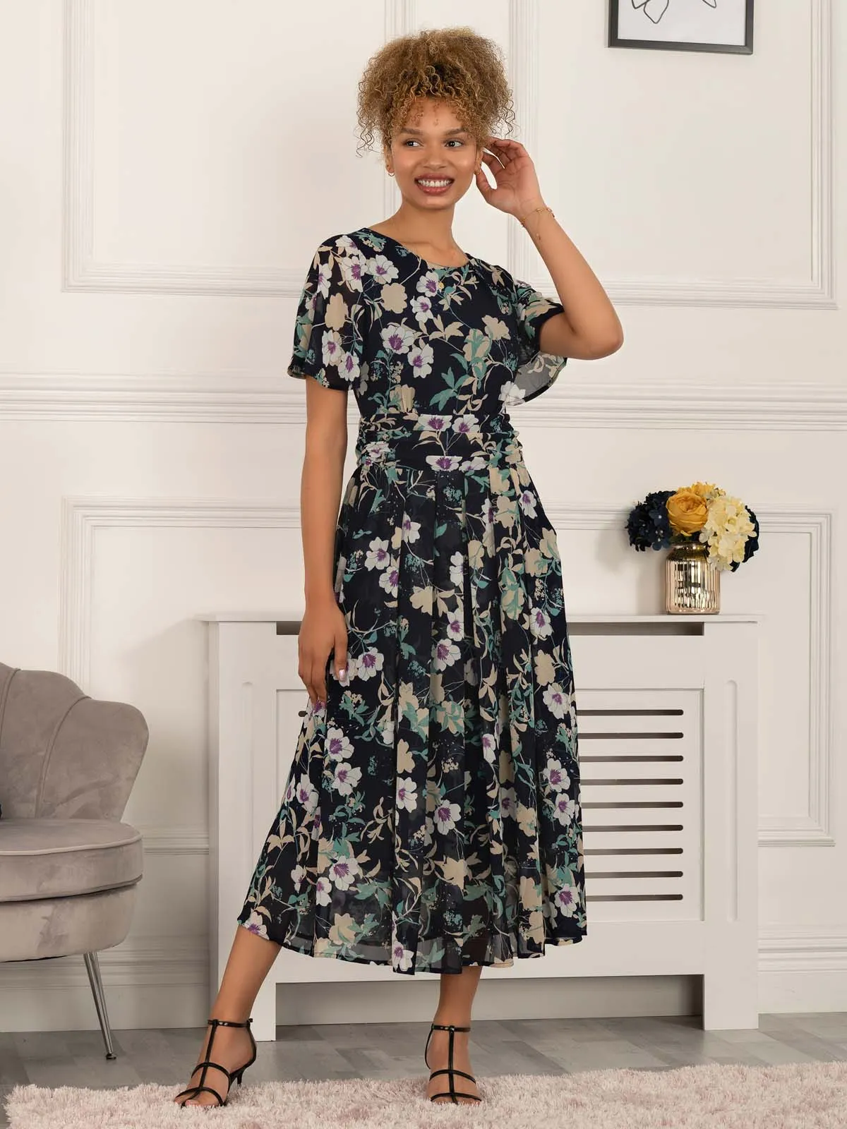 Nadine Floral Print Chiffon Dress, Navy