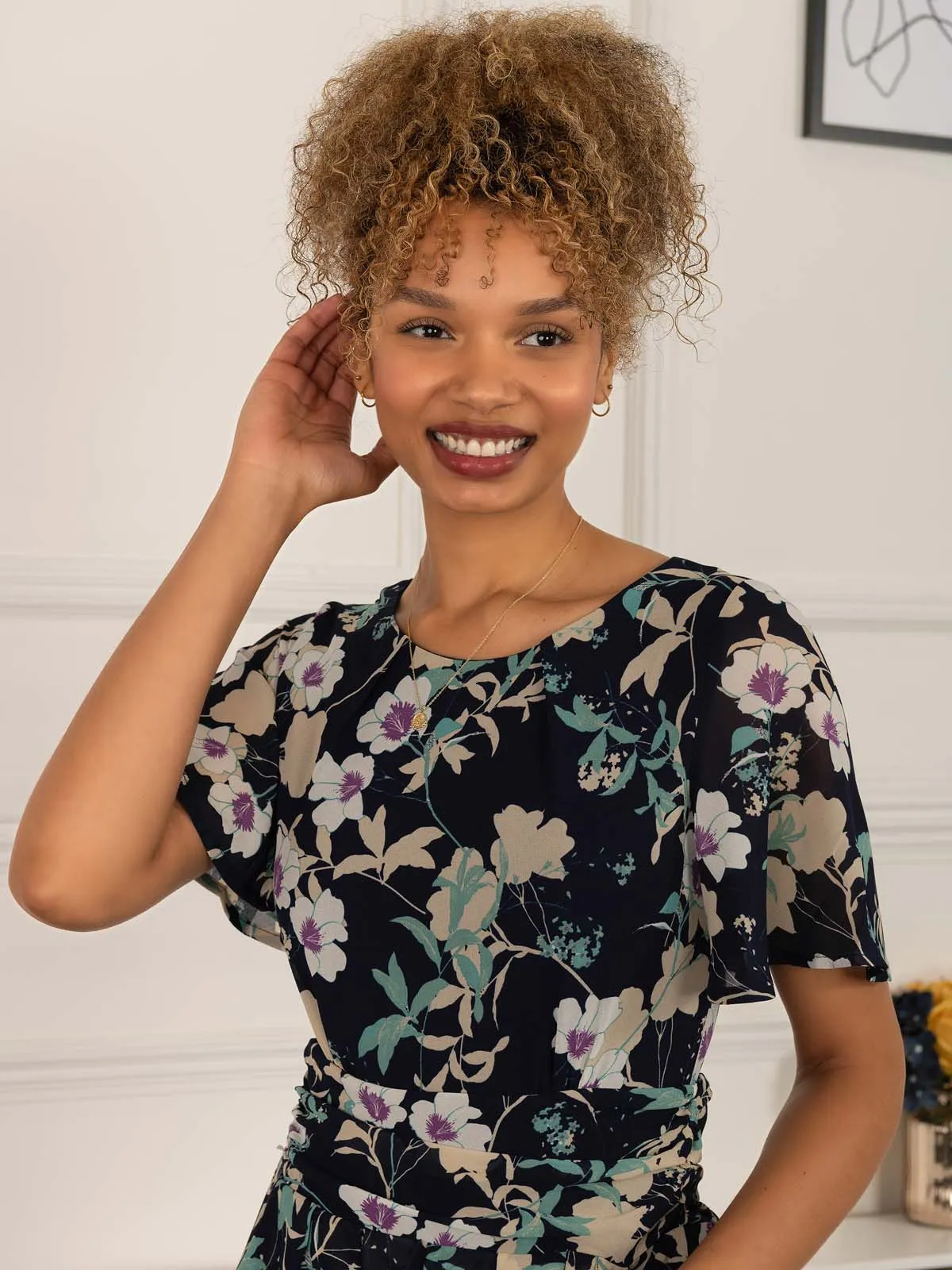 Nadine Floral Print Chiffon Dress, Navy