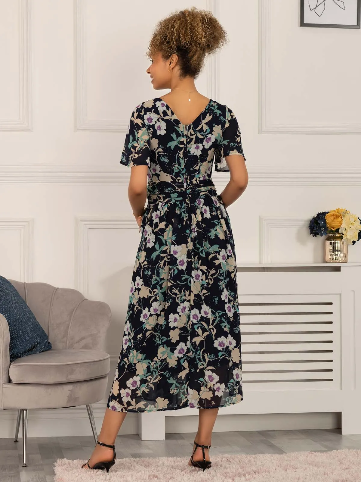 Nadine Floral Print Chiffon Dress, Navy