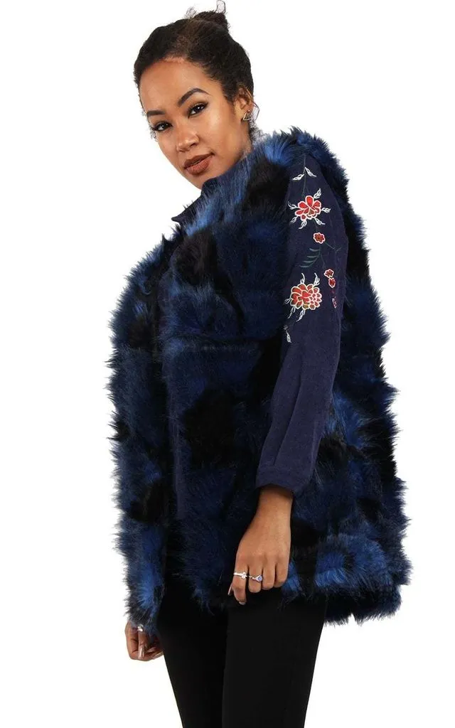 Navy Blue Patchwork Faux Fur Gilet