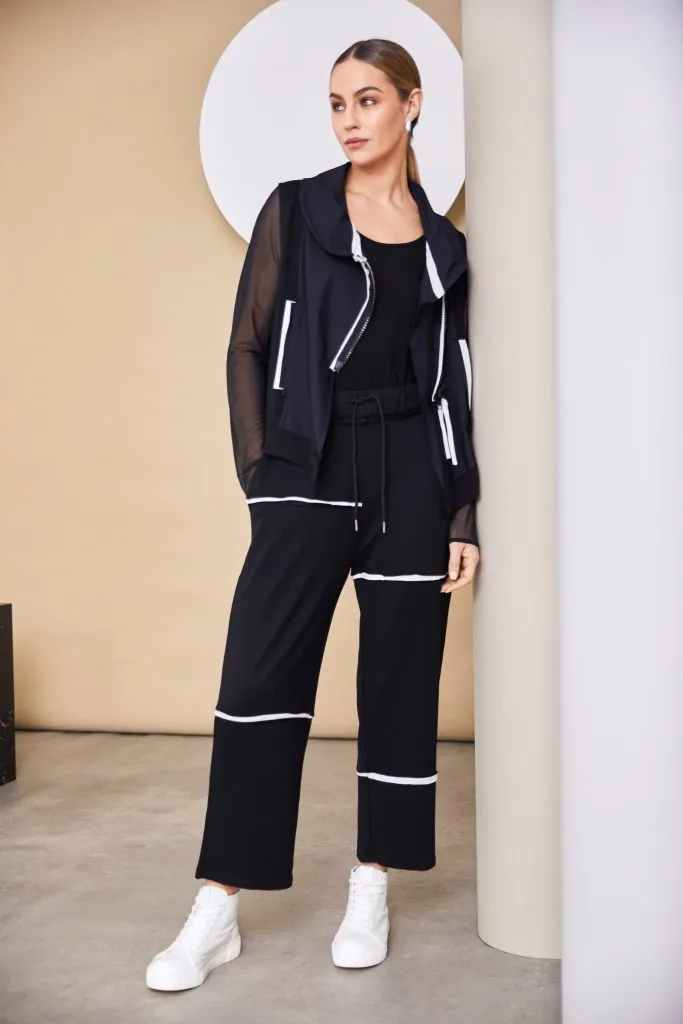 Naya Black Jersey Trousers with drawstring and raw edge contrast seams Naw24146